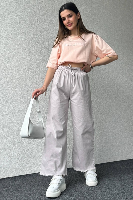 PNT-07379 Gri Paça Püsküllü Bel Lastik Ve İp Detay Keten Kumaş Salaş Pantolon - 3