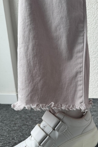 PNT-07379 Gri Paça Püsküllü Bel Lastik Ve İp Detay Keten Kumaş Salaş Pantolon - 5