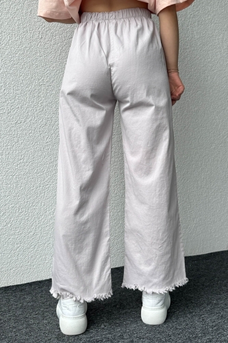 PNT-07379 Gri Paça Püsküllü Bel Lastik Ve İp Detay Keten Kumaş Salaş Pantolon - 7