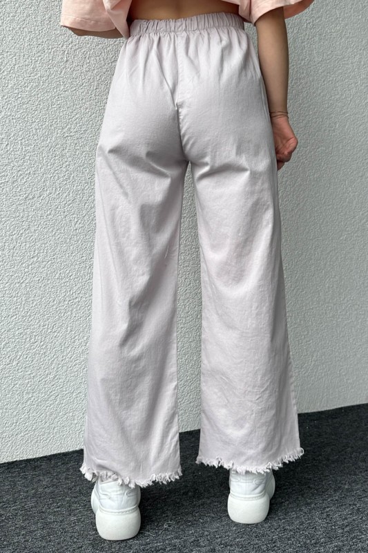 PNT-07379 Gri Paça Püsküllü Bel Lastik Ve İp Detay Keten Kumaş Salaş Pantolon - 7