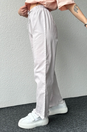 PNT-07379 Gri Paça Püsküllü Bel Lastik Ve İp Detay Keten Kumaş Salaş Pantolon - 6