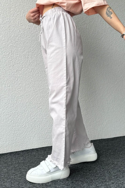 PNT-07379 Gri Paça Püsküllü Bel Lastik Ve İp Detay Keten Kumaş Salaş Pantolon - 6