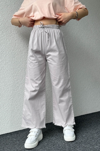 PNT-07379 Gri Paça Püsküllü Bel Lastik Ve İp Detay Keten Kumaş Salaş Pantolon - 2