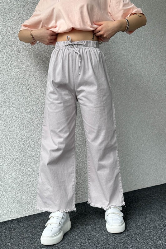 PNT-07379 Gri Paça Püsküllü Bel Lastik Ve İp Detay Keten Kumaş Salaş Pantolon - 2