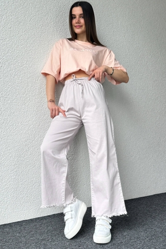 PNT-07379 Gri Paça Püsküllü Bel Lastik Ve İp Detay Keten Kumaş Salaş Pantolon - 1