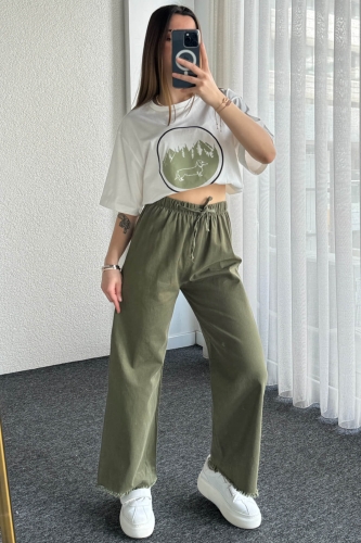 PNT-07379 Haki Paça Püsküllü Bel Lastik Ve İp Detay Keten Kumaş Salaş Pantolon - 2