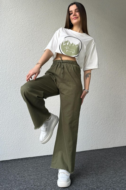 PNT-07379 Haki Paça Püsküllü Bel Lastik Ve İp Detay Keten Kumaş Salaş Pantolon - 4