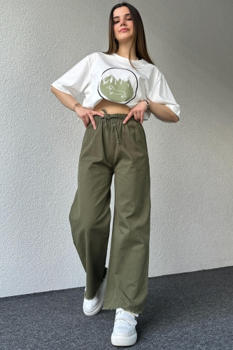 PNT-07379 Haki Paça Püsküllü Bel Lastik Ve İp Detay Keten Kumaş Salaş Pantolon - 5