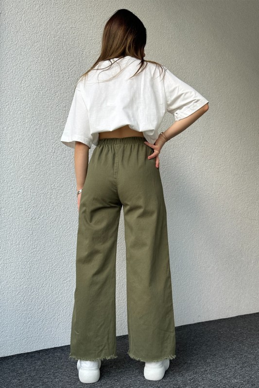 PNT-07379 Haki Paça Püsküllü Bel Lastik Ve İp Detay Keten Kumaş Salaş Pantolon - 7