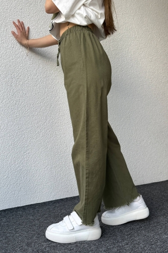 PNT-07379 Haki Paça Püsküllü Bel Lastik Ve İp Detay Keten Kumaş Salaş Pantolon - 6