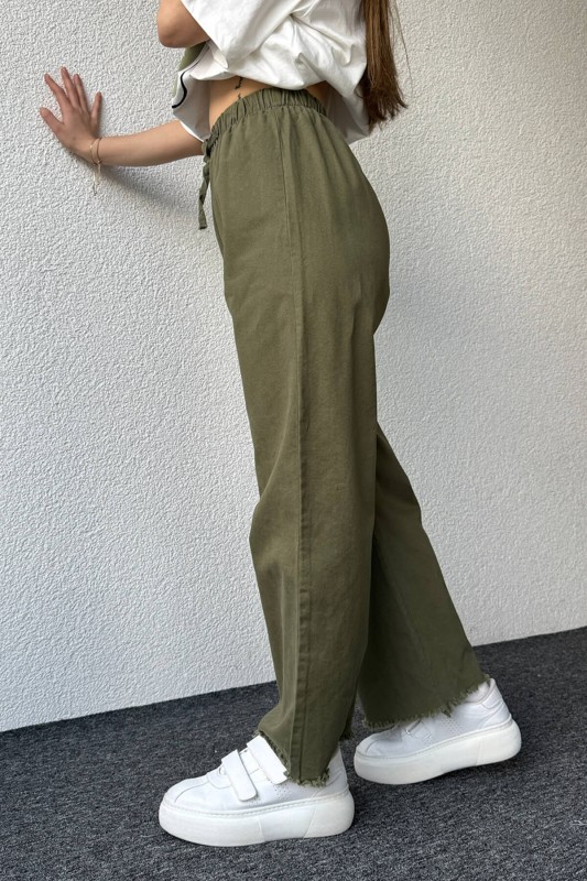 PNT-07379 Haki Paça Püsküllü Bel Lastik Ve İp Detay Keten Kumaş Salaş Pantolon - 6