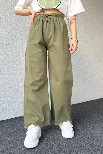 PNT-07379 Haki Paça Püsküllü Bel Lastik Ve İp Detay Keten Kumaş Salaş Pantolon - 3