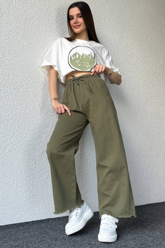 PNT-07379 Haki Paça Püsküllü Bel Lastik Ve İp Detay Keten Kumaş Salaş Pantolon - 1