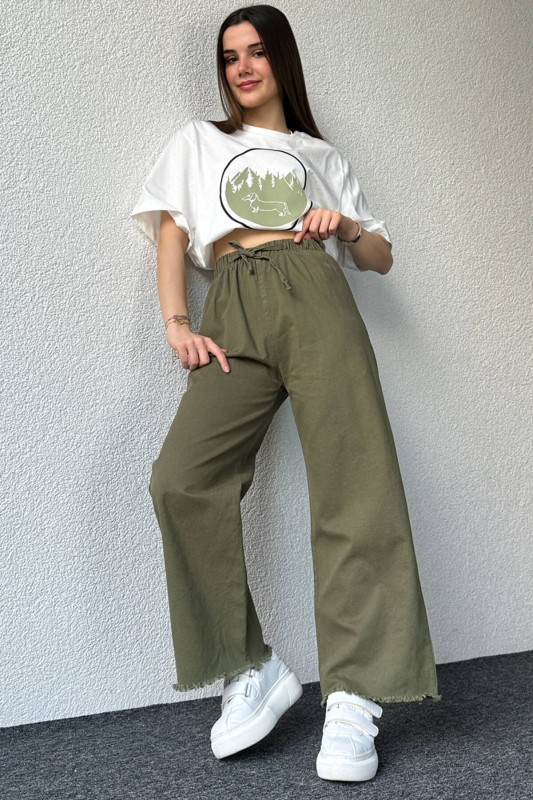 PNT-07379 Haki Paça Püsküllü Bel Lastik Ve İp Detay Keten Kumaş Salaş Pantolon - 1