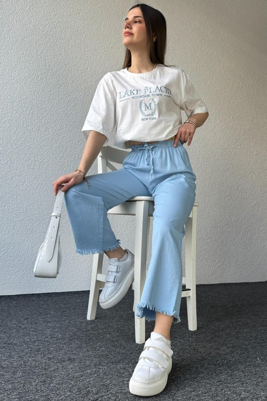 PNT-07379 Mavi Paça Püsküllü Bel Lastik Ve İp Detay Keten Kumaş Salaş Pantolon - 3