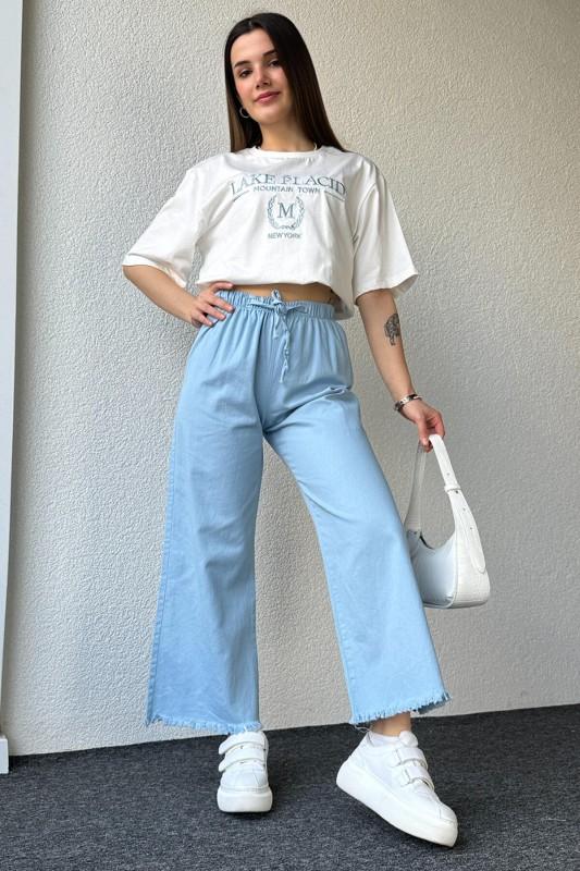 PNT-07379 Mavi Paça Püsküllü Bel Lastik Ve İp Detay Keten Kumaş Salaş Pantolon - 5