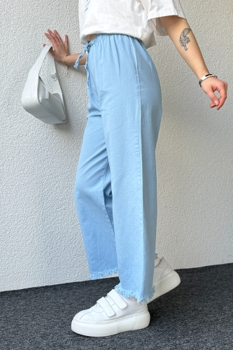 PNT-07379 Mavi Paça Püsküllü Bel Lastik Ve İp Detay Keten Kumaş Salaş Pantolon - 7