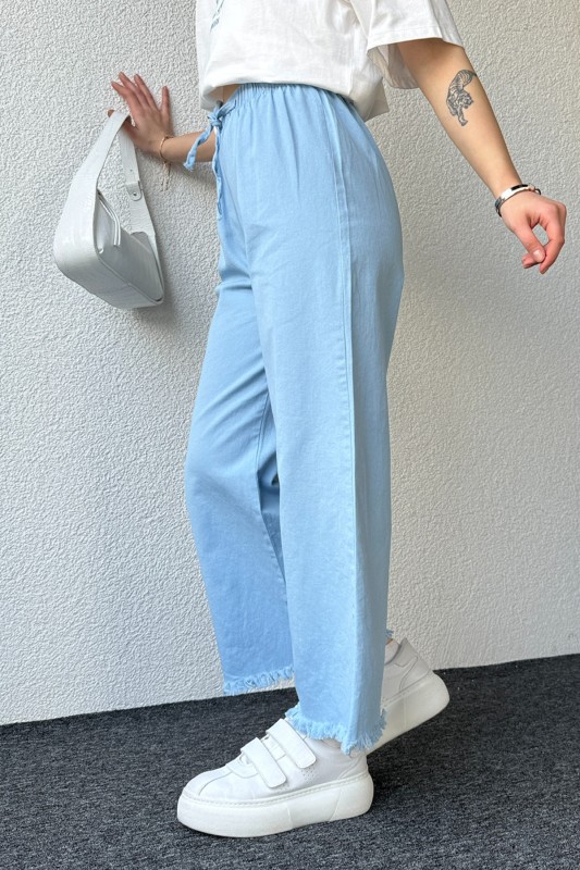 PNT-07379 Mavi Paça Püsküllü Bel Lastik Ve İp Detay Keten Kumaş Salaş Pantolon - 7