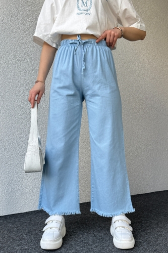 PNT-07379 Mavi Paça Püsküllü Bel Lastik Ve İp Detay Keten Kumaş Salaş Pantolon - 4
