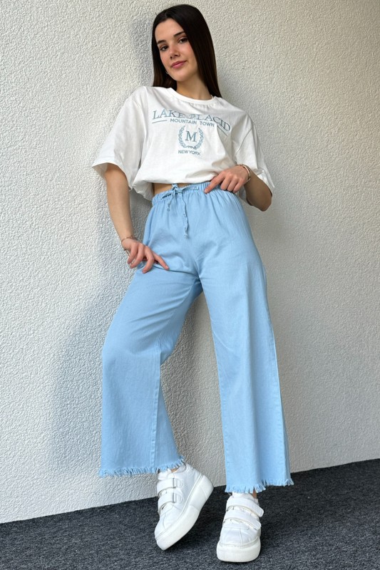 PNT-07379 Mavi Paça Püsküllü Bel Lastik Ve İp Detay Keten Kumaş Salaş Pantolon - 1