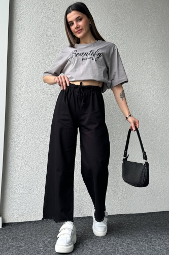 PNT-07379 Siyah Paça Püsküllü Bel Lastik Ve İp Detay Keten Kumaş Salaş Pantolon - 5