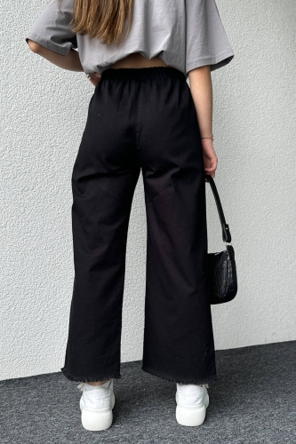 PNT-07379 Siyah Paça Püsküllü Bel Lastik Ve İp Detay Keten Kumaş Salaş Pantolon - 6