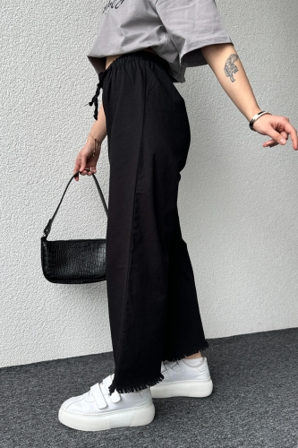 PNT-07379 Siyah Paça Püsküllü Bel Lastik Ve İp Detay Keten Kumaş Salaş Pantolon - 3