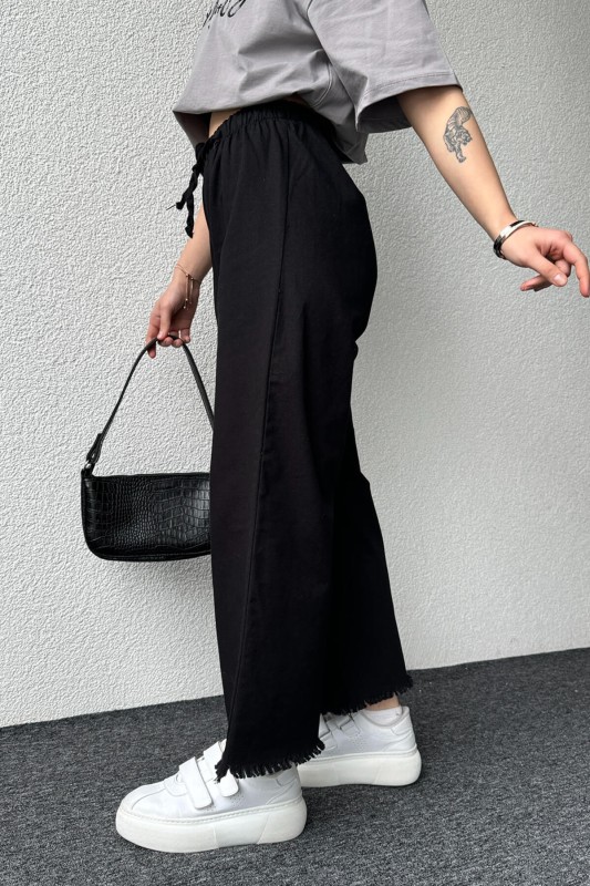 PNT-07379 Siyah Paça Püsküllü Bel Lastik Ve İp Detay Keten Kumaş Salaş Pantolon - 3