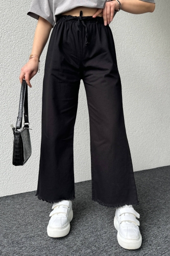 PNT-07379 Siyah Paça Püsküllü Bel Lastik Ve İp Detay Keten Kumaş Salaş Pantolon - 2