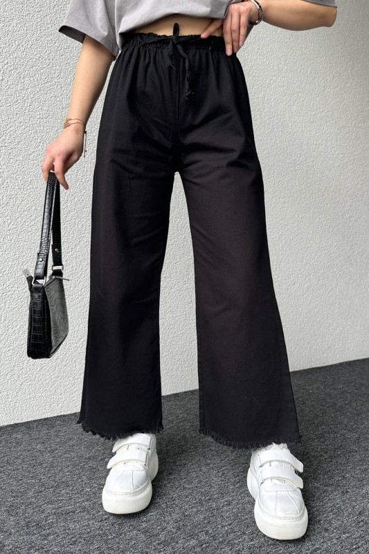 PNT-07379 Siyah Paça Püsküllü Bel Lastik Ve İp Detay Keten Kumaş Salaş Pantolon - 2