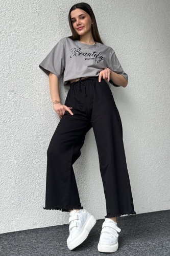PNT-07379 Siyah Paça Püsküllü Bel Lastik Ve İp Detay Keten Kumaş Salaş Pantolon - 1