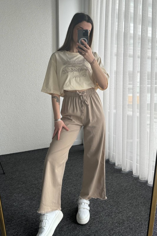 PNT-07379 Taş Rengi Paça Püsküllü Bel Lastik Ve İp Detay Keten Kumaş Salaş Pantolon - 4