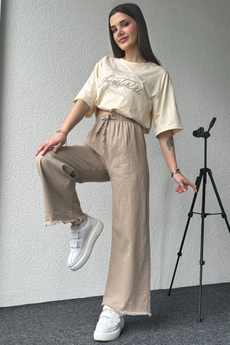 PNT-07379 Taş Rengi Paça Püsküllü Bel Lastik Ve İp Detay Keten Kumaş Salaş Pantolon - 2