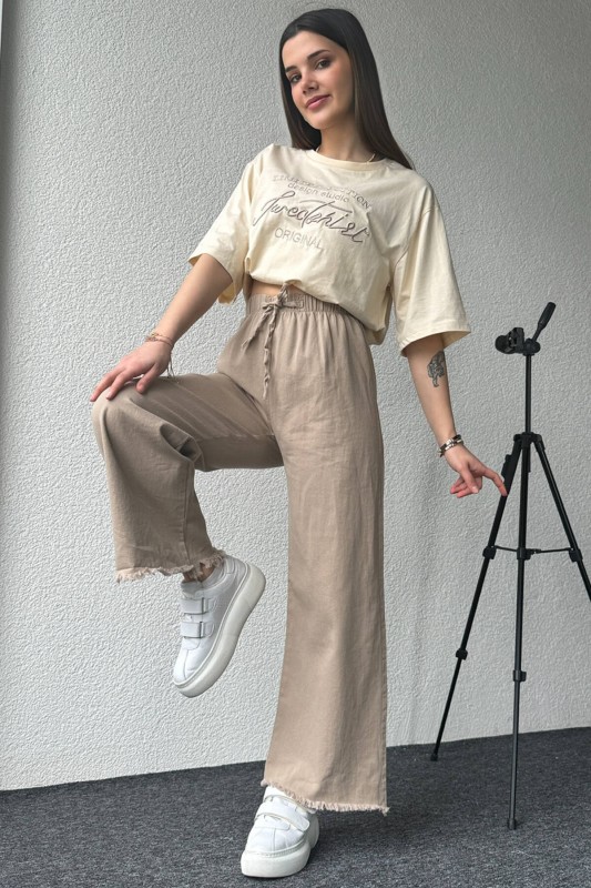 PNT-07379 Taş Rengi Paça Püsküllü Bel Lastik Ve İp Detay Keten Kumaş Salaş Pantolon - 2