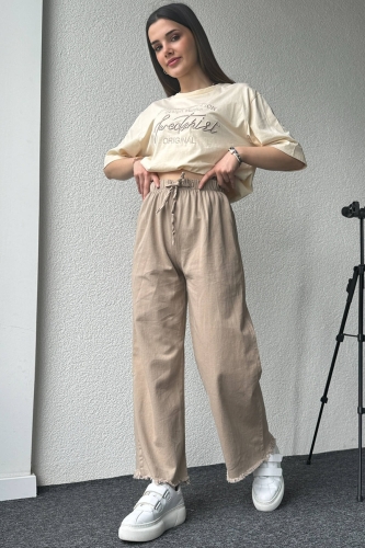 PNT-07379 Taş Rengi Paça Püsküllü Bel Lastik Ve İp Detay Keten Kumaş Salaş Pantolon - 5