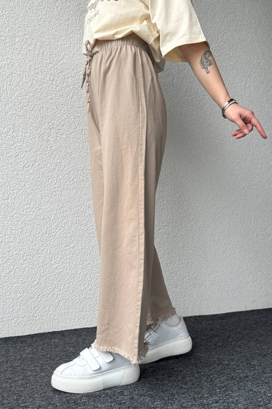 PNT-07379 Taş Rengi Paça Püsküllü Bel Lastik Ve İp Detay Keten Kumaş Salaş Pantolon - 8