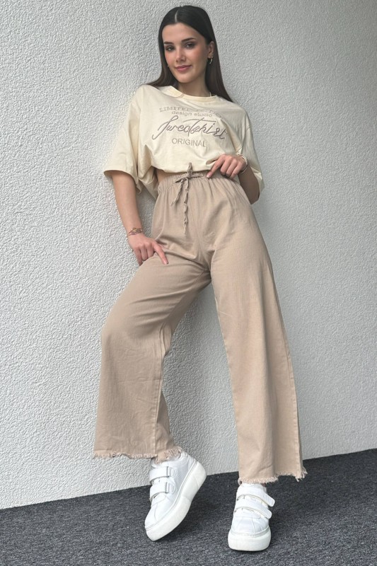 PNT-07379 Taş Rengi Paça Püsküllü Bel Lastik Ve İp Detay Keten Kumaş Salaş Pantolon - 1