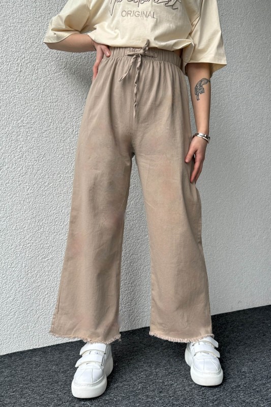 PNT-07379 Taş Rengi Paça Püsküllü Bel Lastik Ve İp Detay Keten Kumaş Salaş Pantolon - 3