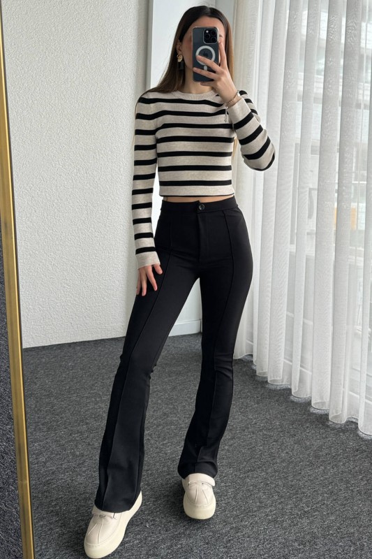 PNT-07381 Siyah Çimalı İspanyol Paça Crep Kumaş Pantolon - 3