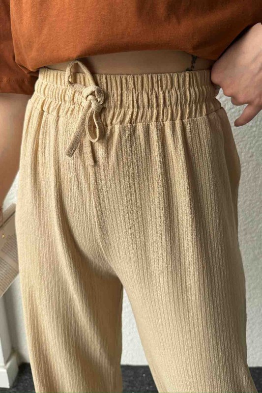 PNT-07383 Bej Rengi İpli Lastikli Bürümcük Kumaş Salaş Pantolon - 2