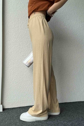 PNT-07383 Bej Rengi İpli Lastikli Bürümcük Kumaş Salaş Pantolon - 3