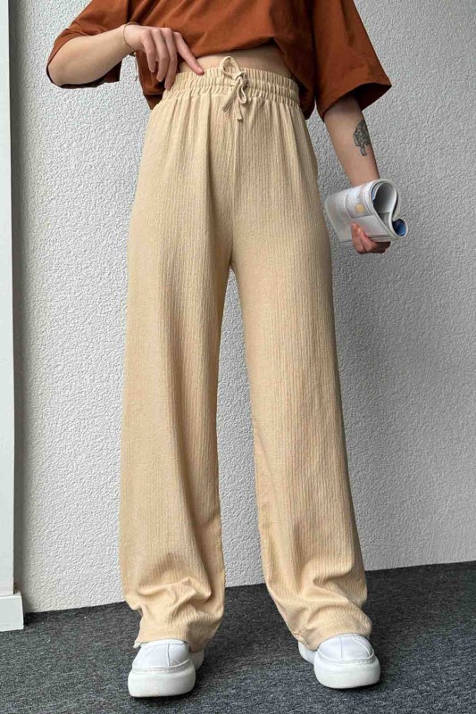 PNT-07383 Bej Rengi İpli Lastikli Bürümcük Kumaş Salaş Pantolon - 1