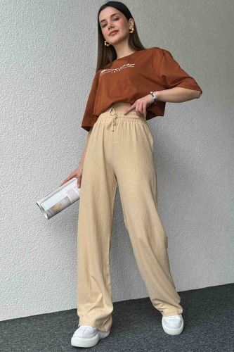PNT-07383 Bej Rengi İpli Lastikli Bürümcük Kumaş Salaş Pantolon - 4
