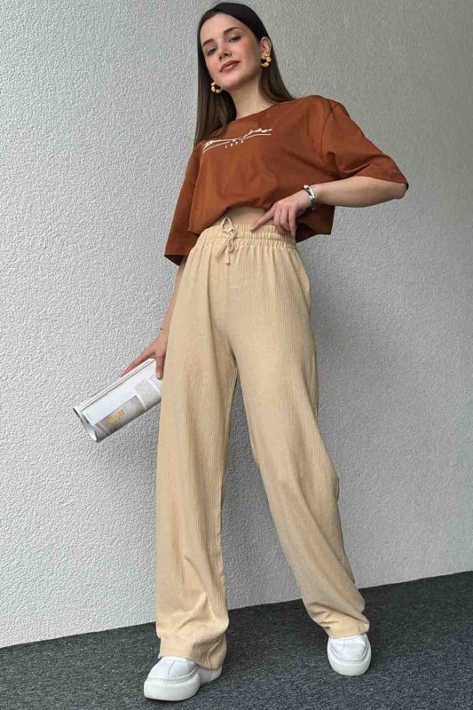 PNT-07383 Bej Rengi İpli Lastikli Bürümcük Kumaş Salaş Pantolon - 4