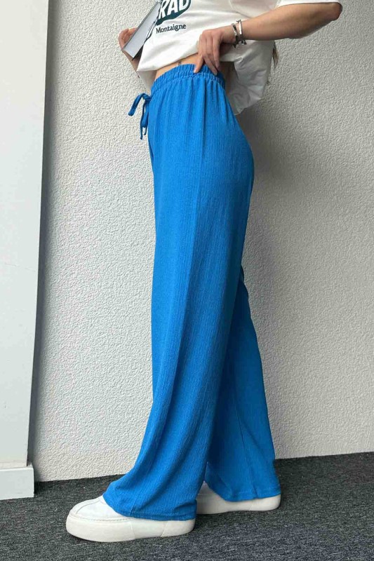 PNT-07383 Mavi İpli Lastikli Bürümcük Kumaş Salaş Pantolon - 3
