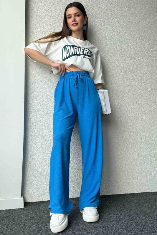 PNT-07383 Mavi İpli Lastikli Bürümcük Kumaş Salaş Pantolon - 4