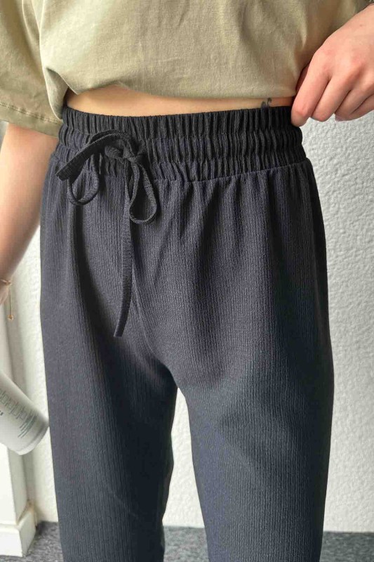 PNT-07383 Siyah İpli Lastikli Bürümcük Kumaş Salaş Pantolon - 2