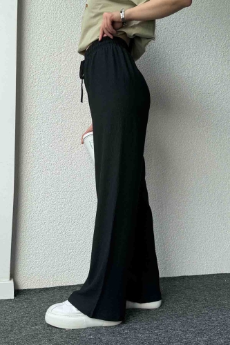 PNT-07383 Siyah İpli Lastikli Bürümcük Kumaş Salaş Pantolon - 3