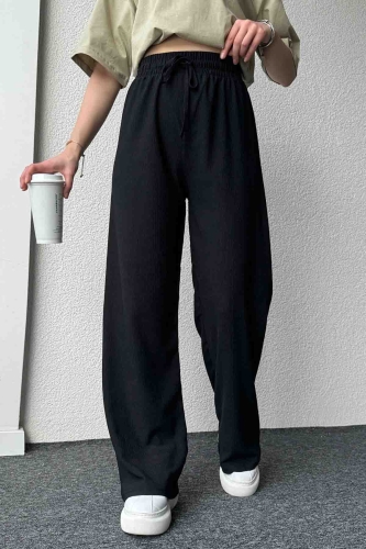 PNT-07383 Siyah İpli Lastikli Bürümcük Kumaş Salaş Pantolon - 1