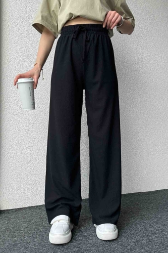 PNT-07383 Siyah İpli Lastikli Bürümcük Kumaş Salaş Pantolon - 4